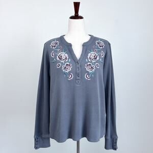Kate & Sam Floral Embroidered Button Henley Waffle Knit Thermal Long Sleeve Top
